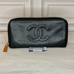 Chanel Black Caviar Leather Zip Around Long Wallet Gold CC Logo